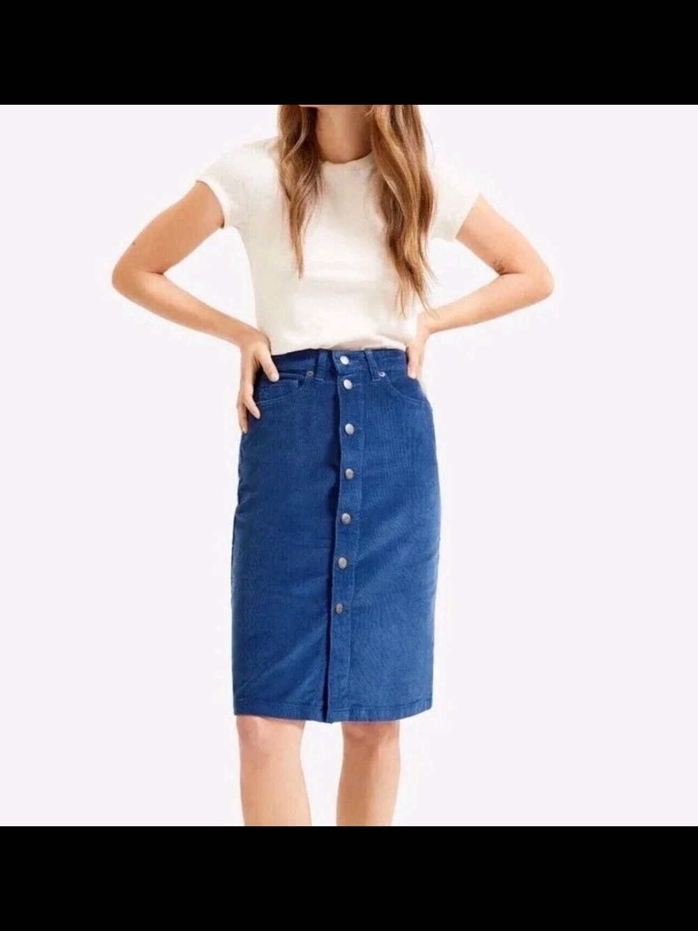 Everlane Blue Button-Front Cord Midi Skirt